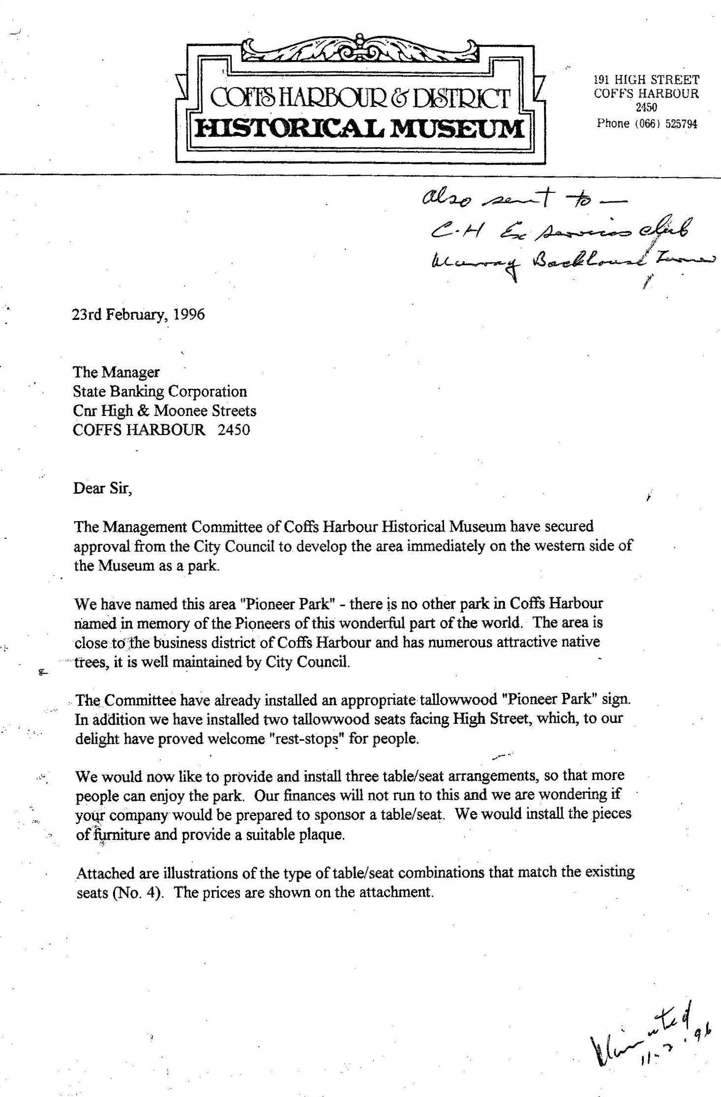 Duke St Pioneer Park Letter - 23 Feb 1996